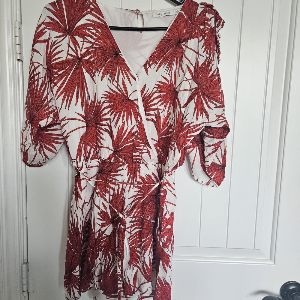 Anthropologie Red and White Leaf Print Jumpsuit